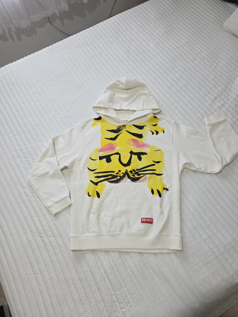 KENZO Paris White Hoodie with Yellow Tiger Graphic